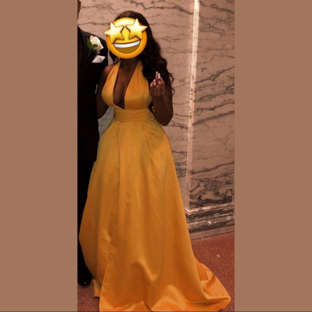 Yellow Low-Cut Ballgown Prom Dress